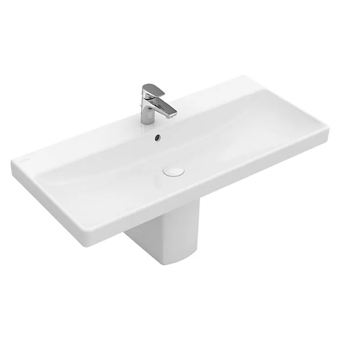 Villeroy & Boch Avento Waschtisch - 100 x 47 cm, Ohne Spezialglasur, Hahnloch: Mitte, Mit Überlauf, Weiß - Elegantes, rechteckiges Waschbecken mit Armatur. Das moderne Design macht es zu einem Blickfang im Badezimmer.