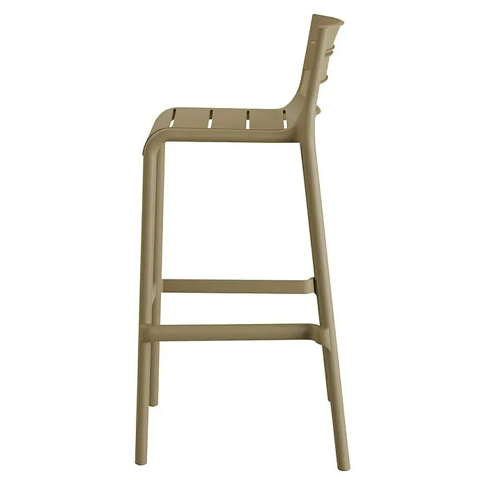 Garten-Barhocker Calor - Polypropylen, Stapelbar, Sandbraun, B x T x H: 49 x 49 x 100 cm - Diese Aufnahme zeigt einen eleganten, beigen Barhocker mit Rückenlehne, ideal für moderne Küchen oder Bars, mit stabilem Metallrahmen.