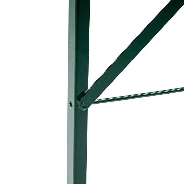 Feros Garten-Tischgestell Bierzeltgarnitur - L x B x H: 220 x 50 x 78 cm, Stahl, Kiefer, Hellbraun/Schwarz - Detailaufnahme eines grünen Metalltischbeins mit Verstrebungen, das Stabilität und Haltbarkeit des Produkts betont.