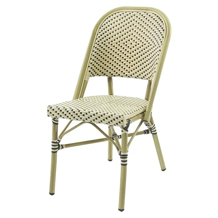 Feros Stapelstuhl Paris - Aluminium, Polyethylen, Beige/Schwarz, B x T x H: 47 x 90 x 90 cm - Abgebildeter Rattanstuhl in Beige und Schwarz, ideal für den Außenbereich. Das Flechtmuster verleiht einen eleganten Touch.