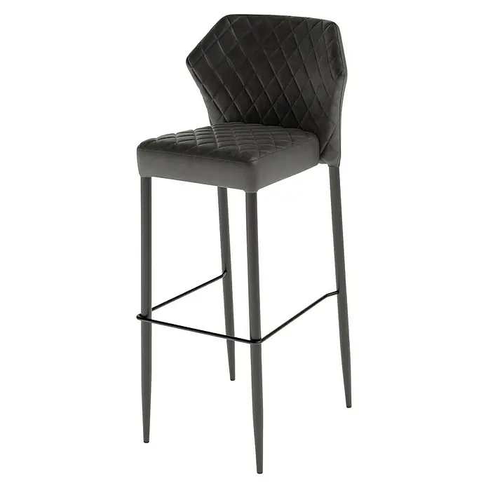 Feros Garten-Barhocker Louis - Stahl, Velours, Schwarz, B x T x H: 46 x 49 x 109 cm - Moderner Barhocker mit grauem, gestepptem Sitz und Rückenlehne und stabilen Metallbeinen. Stilvolles Möbelstück für jede Bar.