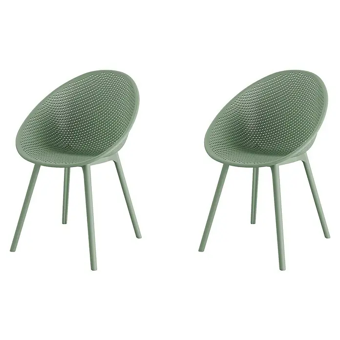 Barths Gartensessel Qosy - Polypropylen, Grün, B x T x H: 59 x 83 x 80 cm - Zwei moderne, mintgrüne Stühle mit gelöcherter Sitzfläche und schlanken Beinen vor schwarzem Hintergrund. Perfekt für stilvolle Außenbereiche.