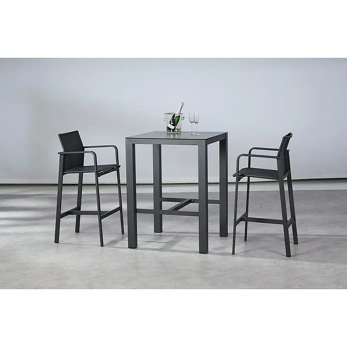 Barths Garten-Barhocker Paros - Aluminium, Textilene, Anthrazit, B x T x H: 59 x 51 x 45 cm - Elegantes Barset mit Tisch und Stühlen. Das Set umfasst einen quadratischen Tisch mit passenden Barstühlen, ideal für stilvolle Zusammenkünfte.