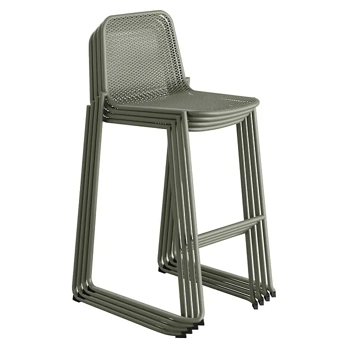 Feros Garten-Barhocker Mase - Stahl, Grün, B x T x H: 52 x 52 x 105 cm - Stapelbare Barhocker aus olivgrünem Metallgeflecht, ideal für stilvolle und platzsparende Einrichtung von Bar- oder Küchenbereichen.