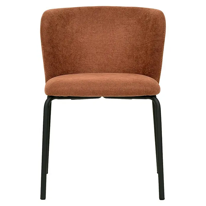 Feros Stapelstuhl Break - Stahl, Sperrholz, Schaumstoff, Braun/Rot, B x T x H: 55 x 53 x 75 cm - Nahaufnahme eines Stuhls mit braunem Stoffbezug und schwarzem Metallgestell. Der Stuhl hat eine hohe Rückenlehne und eine bequeme Sitzfläche.