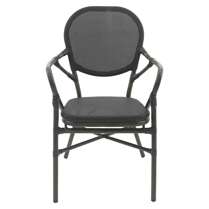 Stapelstuhl Tango - Aluminium, Textilene, Schwarz, B x T x H: 56 x 64 x 89 cm - Elegante schwarze Rattanstuhl mit rundem Rückenteil. Die Sitzfläche ist bequem gepolstert und bietet optimalen Komfort.