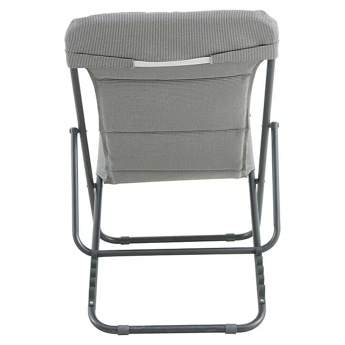 Sunfun Garten-Liegestuhl - Hellgrau, Klappbar - Rückansicht eines grauen Klappstuhls mit kariertem Bezug und Metallrahmen, ideal für Camping oder den Garten.