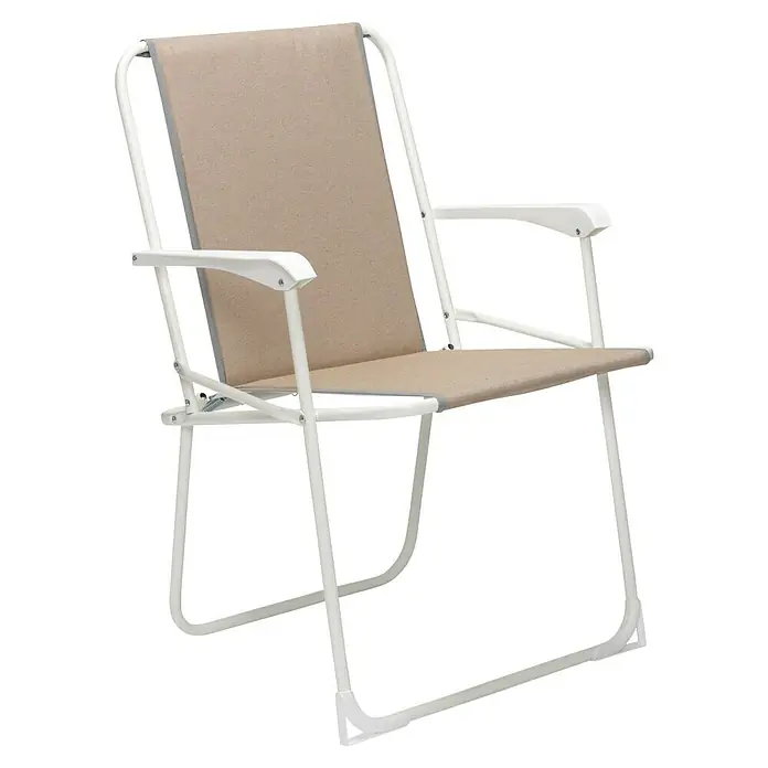 Campingstuhl Chiemsee - Stahl, Klappbar, Beige, B x T x H: 56 x 53 x 78 cm - Ein weißer Klappstuhl mit Armlehnen und beigem Stoffbezug für entspannte Stunden im Freien. Robust und bequem.