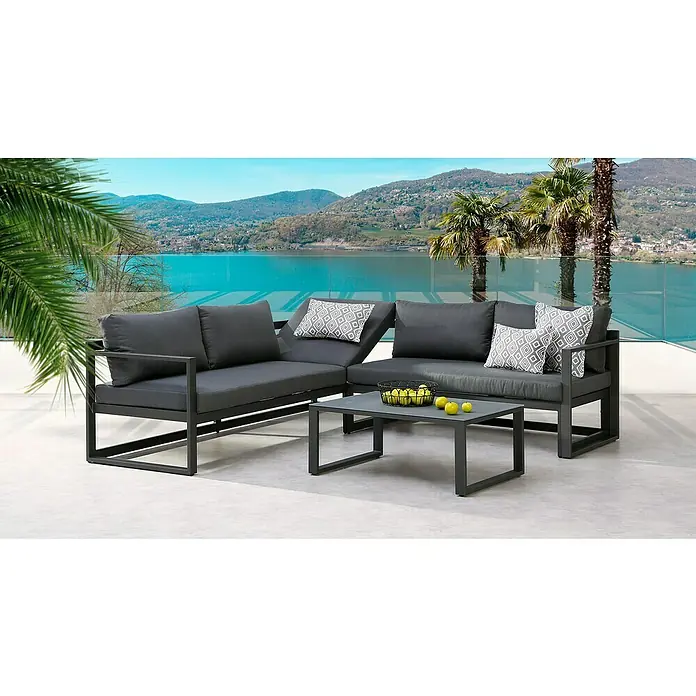 Barths Loungemöbel-Set Rhodos - 2 -tlg., Aluminium, Polyester, Anthrazit - Elegante graue Gartenmöbel-Lounge mit Couchtisch auf einer Terrasse mit Seeblick. Ideal für entspannte Stunden im Freien.