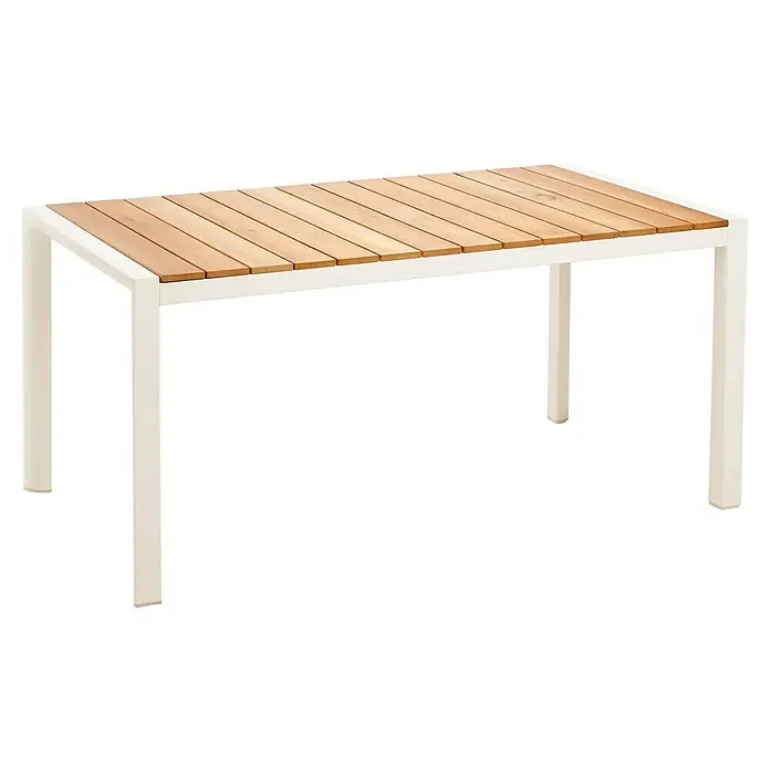 Barths Gartentisch Paros - L x B x H: 160 x 90 x 76 cm, Aluminium, Teak, Beige/Braun - Diese Aufnahme zeigt einen Gartentisch mit einer Tischplatte aus Holzlatten und einem hellen, fast weißen Metallgestell.