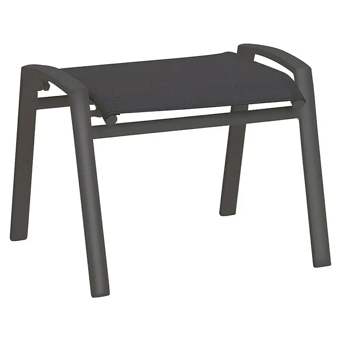 Barths Gartenhocker Paros - Aluminium, Textilene, Stapelbar, Schwarz, B x T x H: 59 x 51 x 45 cm - Ein grauer Hocker mit einem Stoffbezug oben und einem minimalistischen Design, ideal für zusätzliche Sitzgelegenheiten oder als Fußstütze.