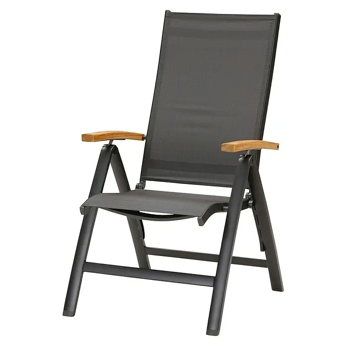 Barths Garten-Positionssessel Paros - Aluminium, Textilene, Anthrazit, B x T x H: 62 x 67 x 110 cm - Abbildung eines stilvollen Klappstuhls mit einem dunklen Rahmen und Holzarmlehnen, ideal für den Garten oder die Terrasse.