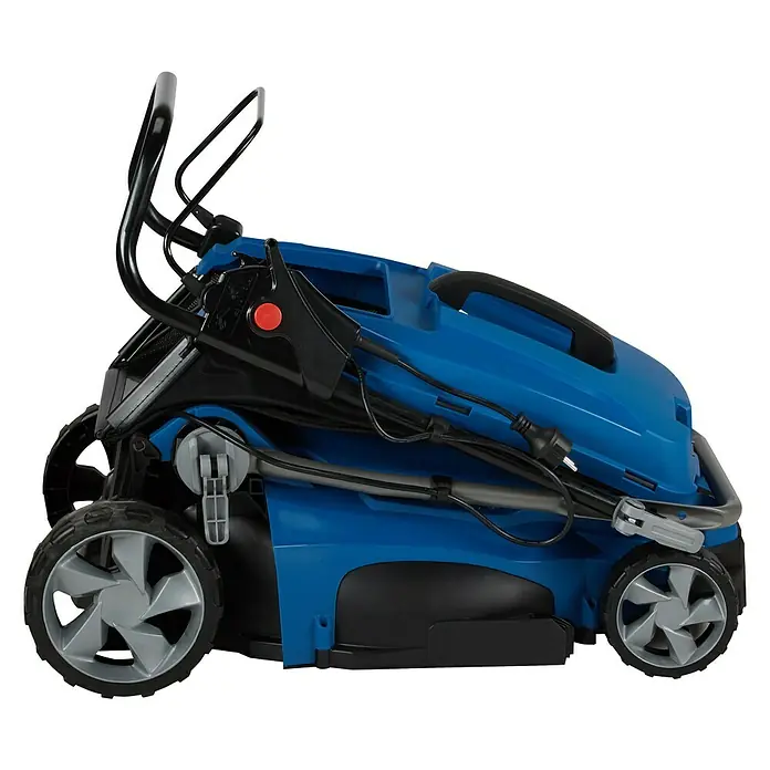 Hyundai Elektro-Rasenmäher LM4001E - 1.800 W, Schnittbreite: 40 cm - Zusammengeklappter blauer Rasenmäher zur einfachen Aufbewahrung. Kompakt und platzsparend für jeden Garten.