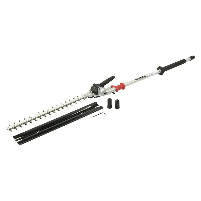 Makita Heckenscheren-Aufsatz EN402MP - Passend für: DUX18, DUX60, UX01G - Das Bild zeigt eine Makita Hochentaster mit Akku, die zum Trimmen von Hecken und Sträuchern verwendet wird und über eine Teleskopstange verfügt.