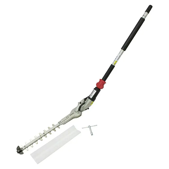 Makita Gras- & Strauchscherenaufsatz EN420MP - Passend für: DUX18, DUX60, UX01G - Abgebildete ist eine Makita Akku-Heckenschere mit Teleskopstiel, ideal für den professionellen Heckenschnitt. Das Gerät ist robust und leistungsstark.