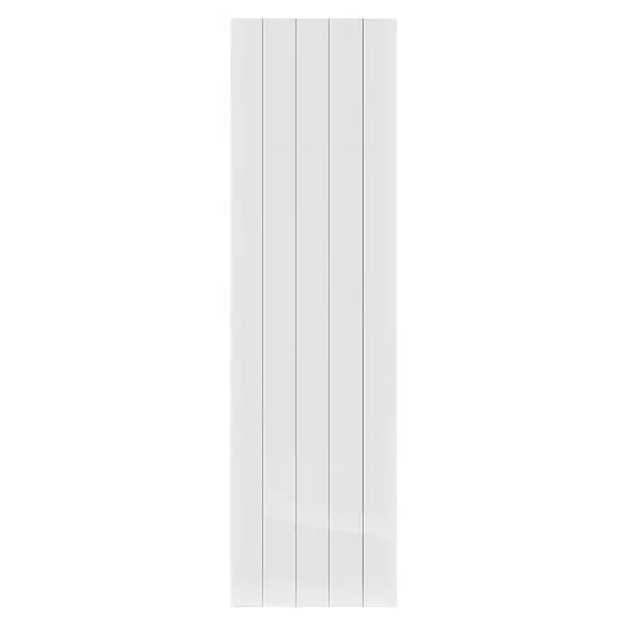 HJM Emisor térmico vertical WiFi AVA V - 1.500 W, Blanco, 10 x 42,1 x 150 cm, Cerámico - La imagen muestra una puerta de panel blanca moderna con líneas verticales, creando un diseño limpio y elegante. Ideal para interiores contemporáneos.