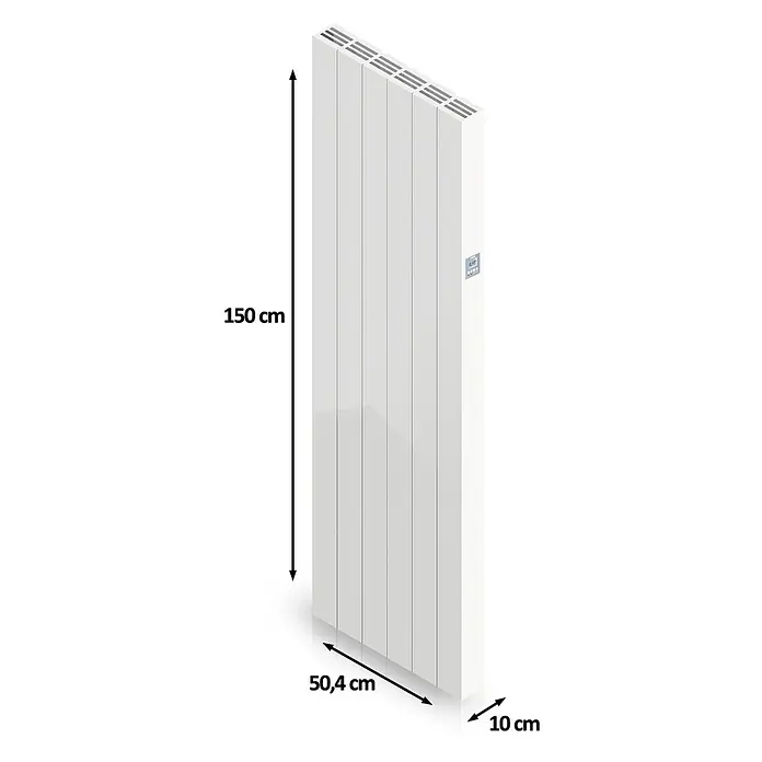 HJM Emisor térmico vertical WiFi AVA V - 2.000 W, Blanco, 10 x 50,4 x 150 cm, Cerámico - Imagen de un radiador blanco con dimensiones: 150 cm de altura, 50,4 cm de ancho y 10 cm de profundidad.