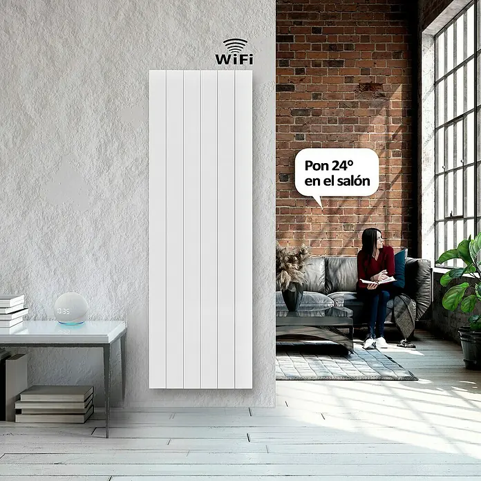 HJM Emisor térmico vertical WiFi AVA V - 2.000 W, Blanco, 10 x 50,4 x 150 cm, Cerámico - Radiador moderno en la habitación con diseño minimalista. El producto ofrece calefacción eficiente y está habilitado para Wi-Fi para control inteligente.