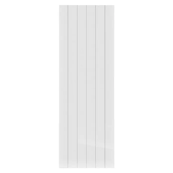HJM Emisor térmico vertical WiFi AVA V - 2.000 W, Blanco, 10 x 50,4 x 150 cm, Cerámico - Primer plano de una pared de paneles verticales blancos con un acabado brillante, que muestra una estética de diseño minimalista y limpia.