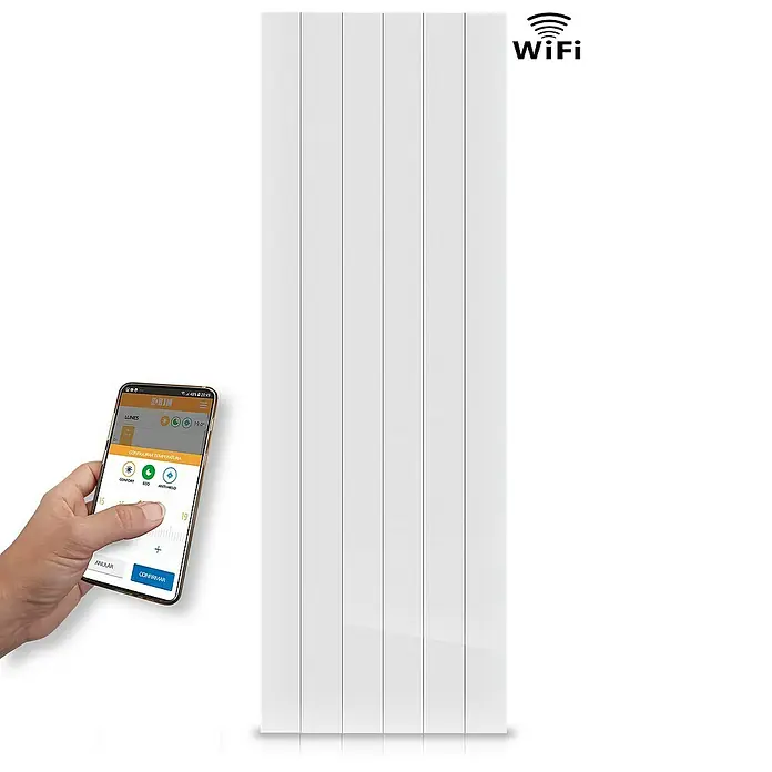 HJM Emisor térmico vertical WiFi AVA V - 2.000 W, Blanco, 10 x 50,4 x 150 cm, Cerámico - Radiador blanco de seis elementos controlado por app, ideal para calefacción moderna con operación sencilla.
