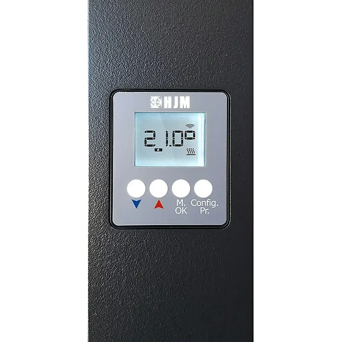 HJM Emisor térmico vertical WiFi AVA V - 1.000 W, Negro, 10 x 33,5 x 150 cm, Cerámico - Primer plano de una unidad de control de calefacción HJM, con pantalla digital y botones de control para el ajuste de la temperatura.