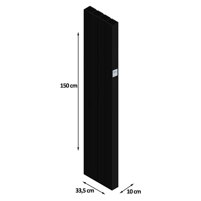HJM Emisor térmico vertical WiFi AVA V - 1.000 W, Negro, 10 x 33,5 x 150 cm, Cerámico - Imagen de un radiador negro con dimensiones de 150 cm de altura, 33,5 cm de ancho y 10 cm de profundidad.
