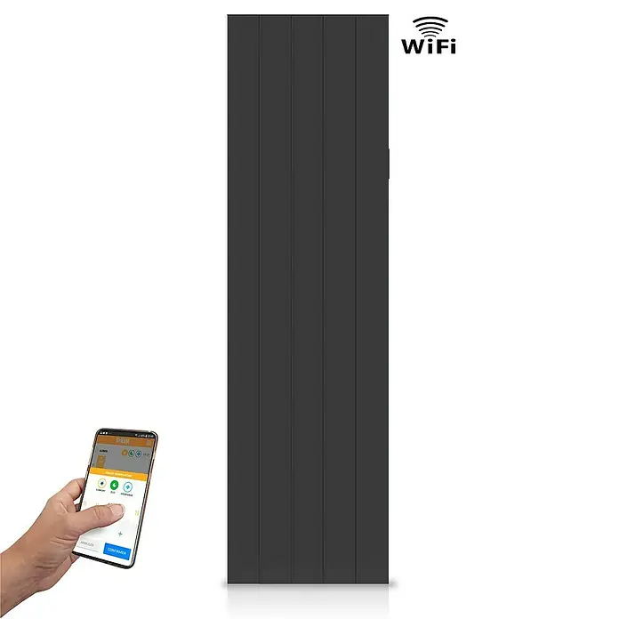 HJM Emisor térmico vertical WiFi AVA V - 1.500 W, Negro, 10 x 42,1 x 150 cm, Cerámico - Radiador inteligente gris con función WiFi que se puede controlar mediante una app en tu smartphone, para un hogar moderno.