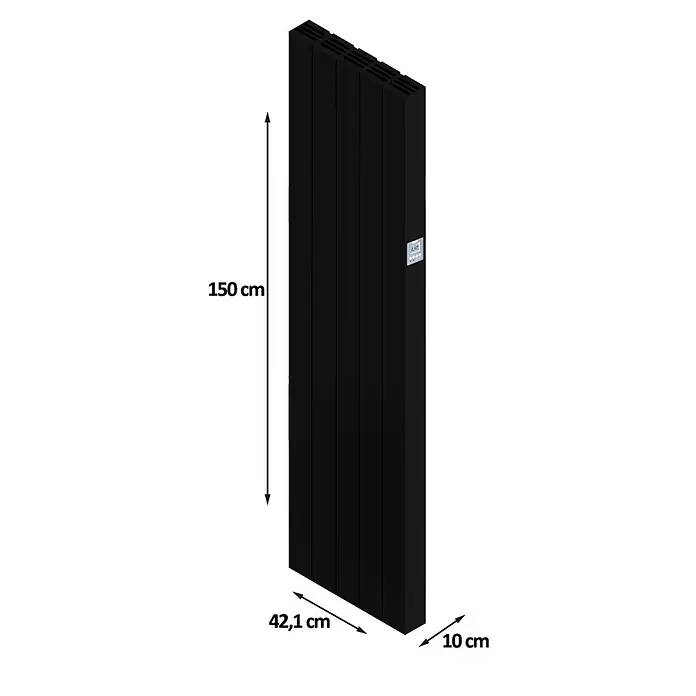 HJM Emisor térmico vertical WiFi AVA V - 1.500 W, Negro, 10 x 42,1 x 150 cm, Cerámico - Imagen del producto de un radiador negro con dimensiones de 150 cm de altura, 42,1 cm de ancho y 10 cm de profundidad.