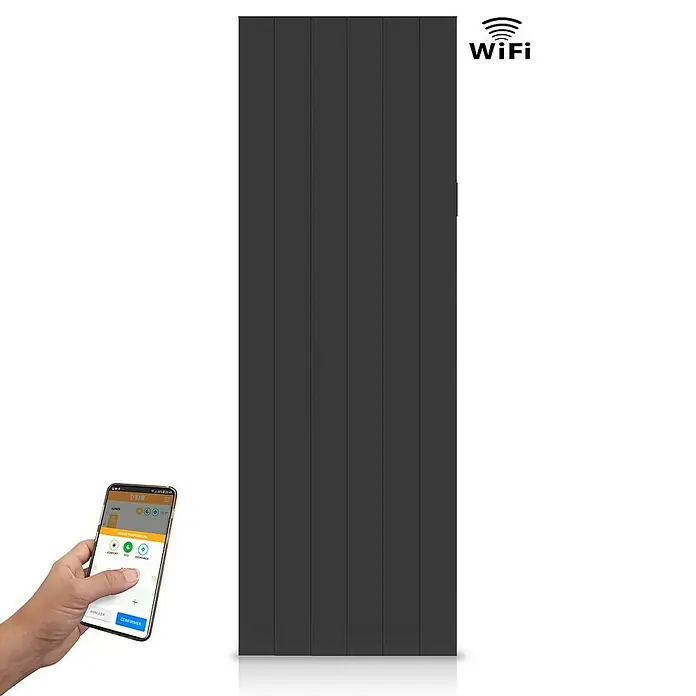 HJM Emisor térmico vertical WiFi AVA V - 2.000 W, Negro, 10 x 50,4 x 150 cm, Cerámico - Puerta inteligente gris controlada por WiFi con una app de smartphone, ideal para domótica.