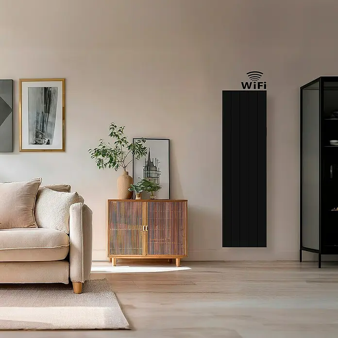 HJM Emisor térmico vertical WiFi AVA V - 2.000 W, Negro, 10 x 50,4 x 150 cm, Cerámico - Radiador negro de pared con símbolo WiFi, que combina tecnología de calefacción moderna y conectividad.
