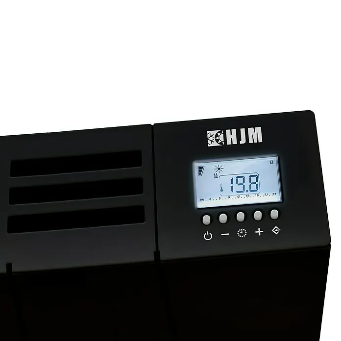 HJM Emisor térmico Elian - 2.000 W, Negro, 10 x 84,4 x 50 cm, Seco - Primer plano de un dispositivo de calefacción HJM con pantalla digital que muestra 19,8 grados Celsius, rodeado de botones de control para ajustes de confort.