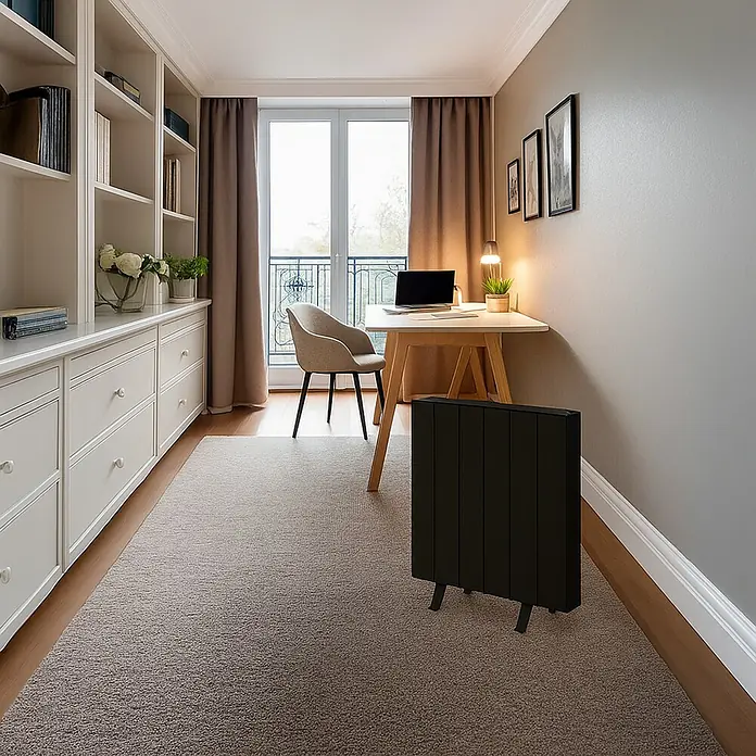 HJM Emisor térmico Elian - 500 W, Negro, 10 x 33,5 x 50 cm, Seco - Un elegante calefactor negro destaca en una oficina con estilo. Proporciona calor y se mezcla perfectamente con la decoración moderna.