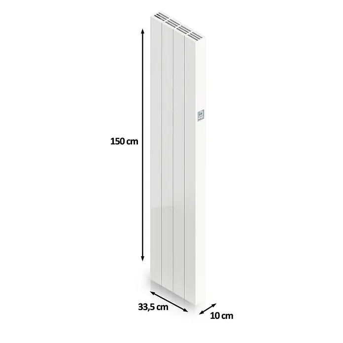 HJM Emisor térmico vertical WiFi AVA V - 1.000 W, Blanco, 10 x 33,5 x 150 cm, Cerámico - Imagen del producto de un radiador blanco con dimensiones de 150 cm de altura, 33,5 cm de ancho y 10 cm de profundidad.