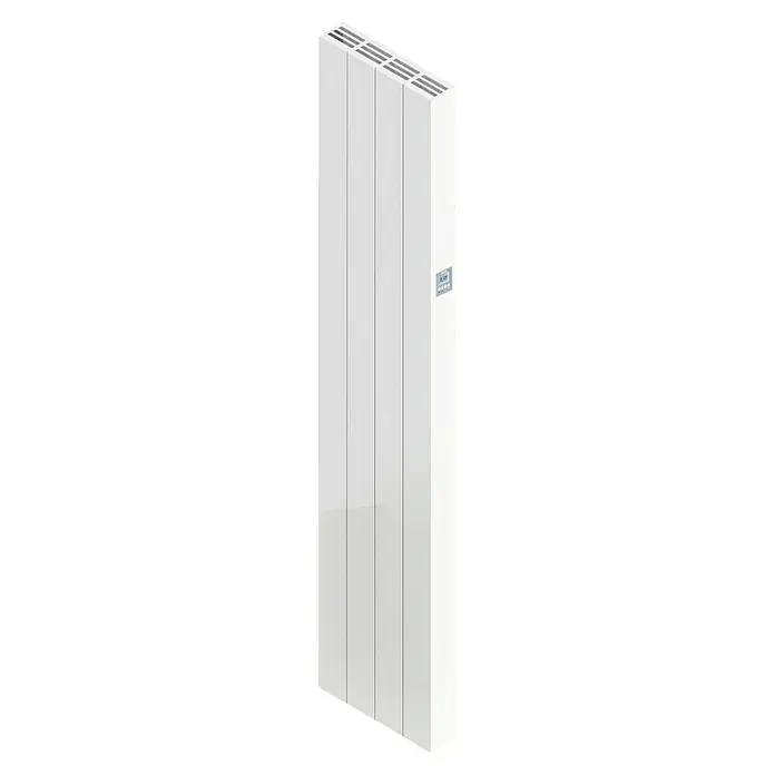 HJM Emisor térmico vertical WiFi AVA V - 1.000 W, Blanco, 10 x 33,5 x 150 cm, Cerámico - Un radiador vertical blanco con paneles verticales delgados y una pantalla digital en el lateral, ideal para interiores modernos.