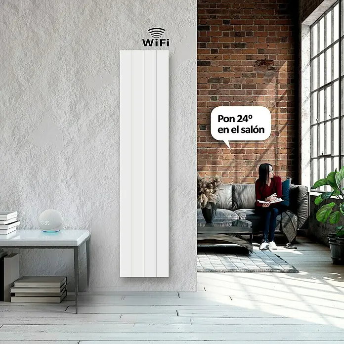 HJM Emisor térmico vertical WiFi AVA V - 1.000 W, Blanco, 10 x 33,5 x 150 cm, Cerámico - Imagen del producto de un radiador blanco con símbolo WiFi, que combina tecnología de calefacción moderna y conectividad.