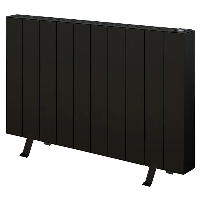 HJM Emisor térmico Elian - 2.000 W, Negro, 10 x 84,4 x 50 cm, Seco - La imagen muestra un radiador negro de paneles con una pequeña pantalla digital. Está soportado por pies y es ideal para espacios modernos.