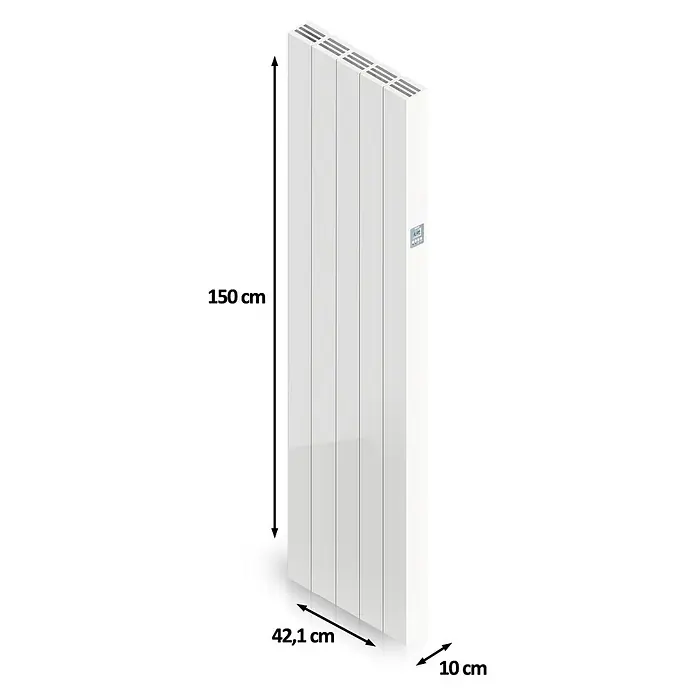 HJM Emisor térmico vertical WiFi AVA V - 1.500 W, Blanco, 10 x 42,1 x 150 cm, Cerámico - Imagen de un radiador, dimensiones: 150 cm de alto, 42,1 cm de ancho y 10 cm de profundidad. Diseño moderno en blanco.