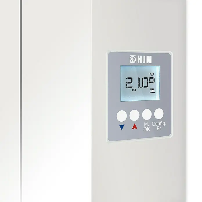 HJM Emisor térmico vertical WiFi AVA V - 1.500 W, Blanco, 10 x 42,1 x 150 cm, Cerámico - Primer plano de la unidad de calefacción HJM con pantalla digital para control de temperatura y controles intuitivos.
