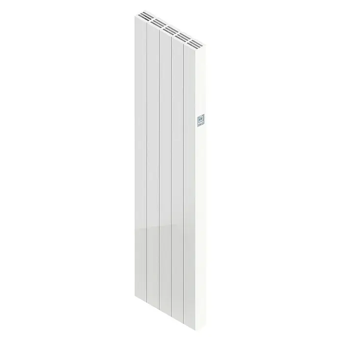 HJM Emisor térmico vertical WiFi AVA V - 1.500 W, Blanco, 10 x 42,1 x 150 cm, Cerámico - Primer plano de un radiador eléctrico blanco con aletas verticales y control digital, ideal para una calefacción eficiente energéticamente.