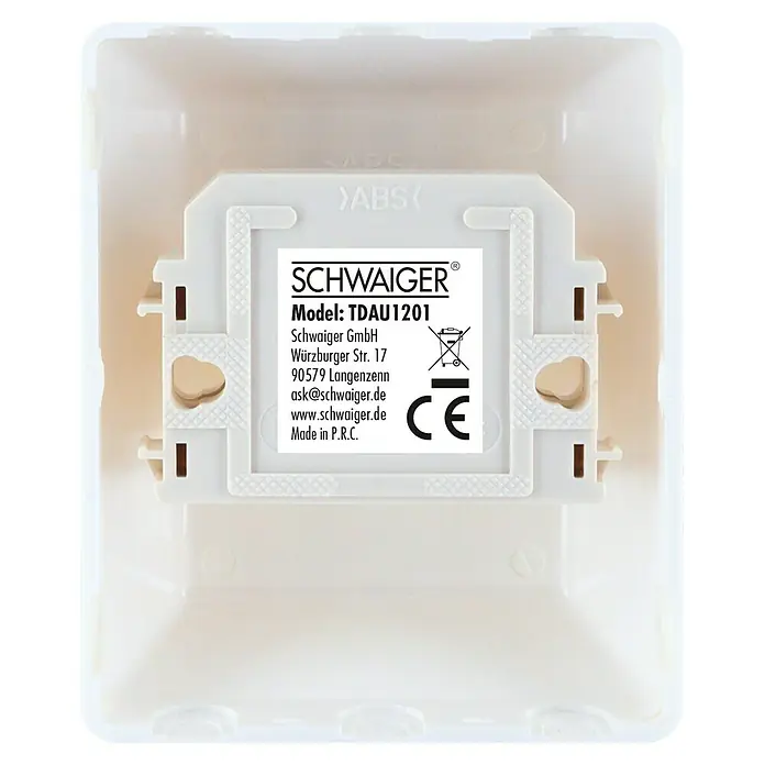 Schwaiger TAE-Anschlussstecker F Universal - Weiß, Kunststoff, Aufputzmontage - Nahaufnahme einer weißen Schwaiger TDAU1201 Gerätedose mit Etikett, das Modellinformationen, Firmendaten und Konformitätszeichen zeigt.