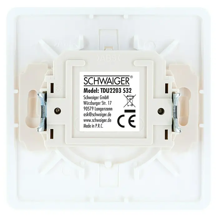 Schwaiger TAE-Anschlussdose NF/F - Weiß, Kunststoff, Unterputzmontage - Nahaufnahme der Rückseite eines Schwaiger TDU2203 532-Modells, das Details wie Modellnummer, Firmeninformationen und Konformitätszeichen zeigt.