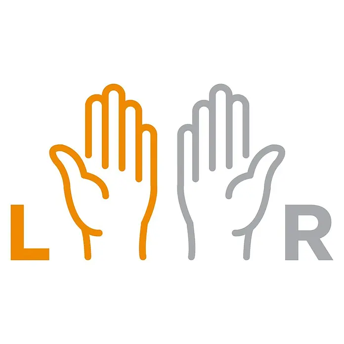 Fiskars Universalschere Classic - Länge: 21 cm, Rot - Abbildung mit Umrissen einer linken und rechten Hand, gekennzeichnet mit den Buchstaben "L" und "R", zur Verdeutlichung der links/rechts-Orientierung.