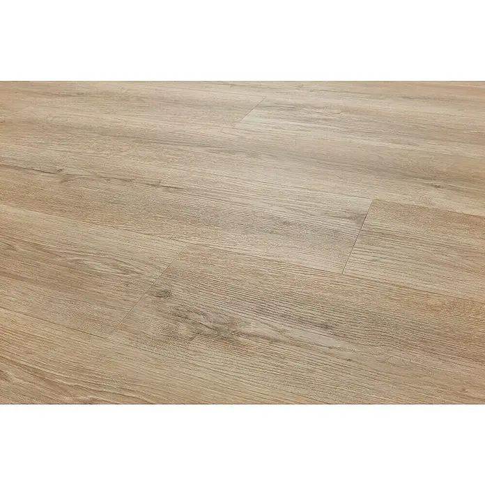 Vinylboden Silent - Sherman Eiche, Landhausdiele, 1.220 x 229 x 5,3 mm - Nahaufnahme eines hellen Holzlaminatbodens mit Maserung und Fugen, ideal für moderne Wohnräume und einfache Reinigung.