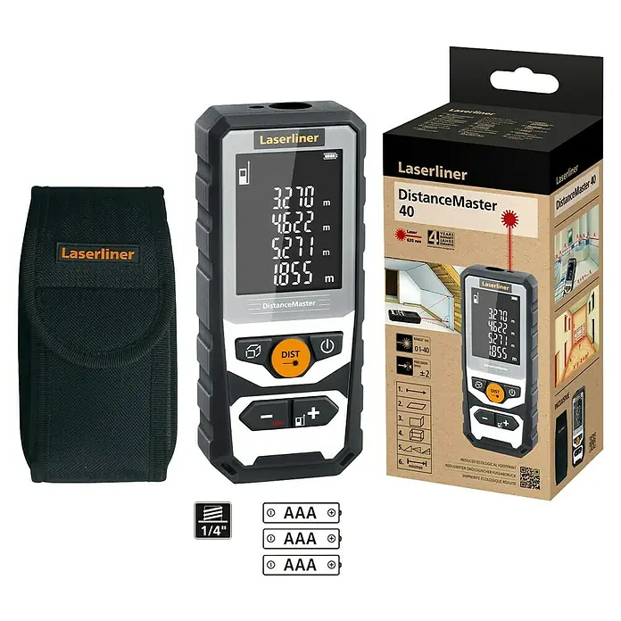 Laserliner Laserentfernungsmesser Distancemaster 40 - Messbereich: 0,05 - 40 m - Laserliner DistanceMaster 40 mit Tasche und Verpackung. Das Gerät zeigt Messergebnisse auf dem Display an.