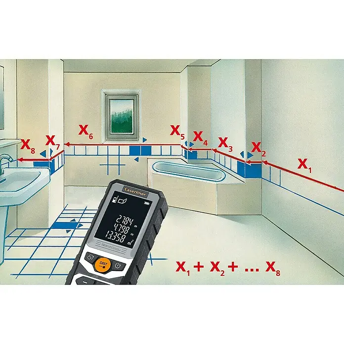 Laserliner Laserentfernungsmesser Distancemaster 40 - Messbereich: 0,05 - 40 m - Laserliner Distanzmesser im Badezimmer zur präzisen Messung von Flächen und Abständen für Renovierungsarbeiten.