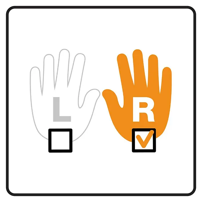 Fiskars Universalschere Classic - Rechtshänder, 25 cm, Farbe: Orange - Illustration zeigt eine Entscheidung zwischen linker und rechter Hand, wobei die rechte Hand ausgewählt wurde.