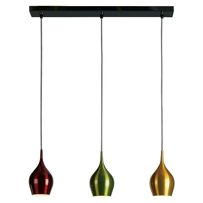 Searchlight Pendelleuchte Vibrant - 180 W, L x B x H: 71 x 12,3 x 148 cm, Bunt, E27 - Dreifach-Pendelleuchte mit roten, grünen und goldenen Tropfenlampen für einen modernen und stilvollen Look in jedem Raum.