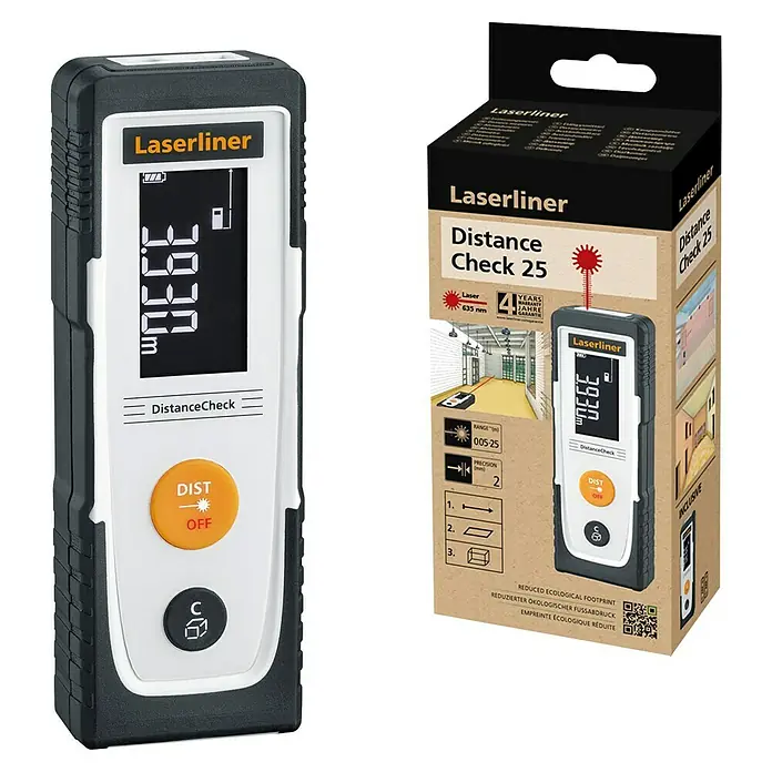 Laserliner Laserentfernungsmesser - Messbereich: 0,05 - 25 m - Laserliner Distanzmesser Distance Check 25 mit digitaler Anzeige und Verpackung für präzise Messungen.
