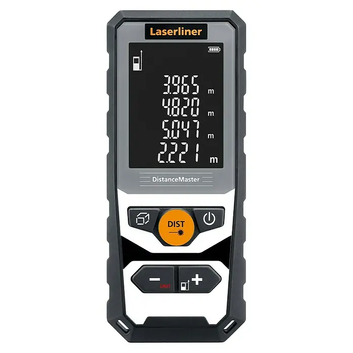 Laserliner Laserentfernungsmesser Distancemaster 40 - Messbereich: 0,05 - 40 m - Nahaufnahme eines Laserliner DistanceMaster Entfernungsmessers mit digitaler Anzeige und Bedienelementen.