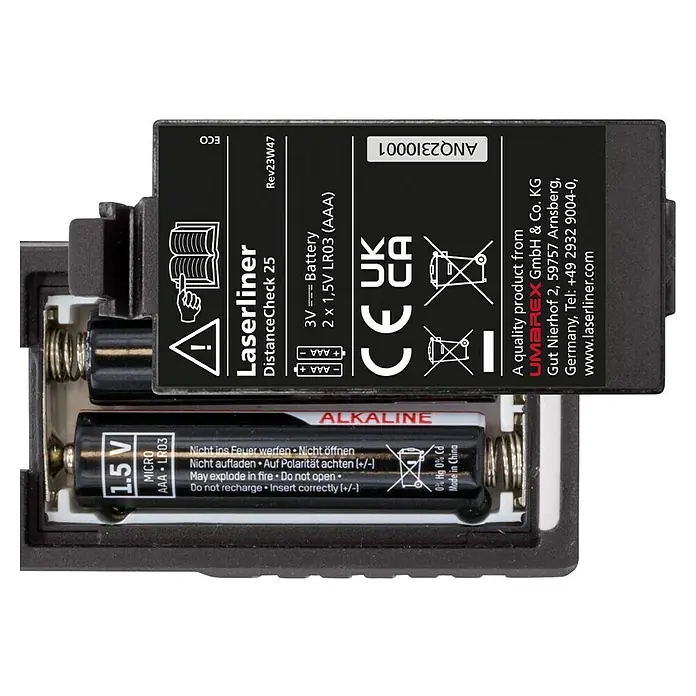 Laserliner Laserentfernungsmesser - Messbereich: 0,05 - 25 m - Laserliner DistanceCheck 25 mit eingesetzten Batterien. Das Gerät ist kompakt und für präzise Entfernungsmessungen konzipiert.